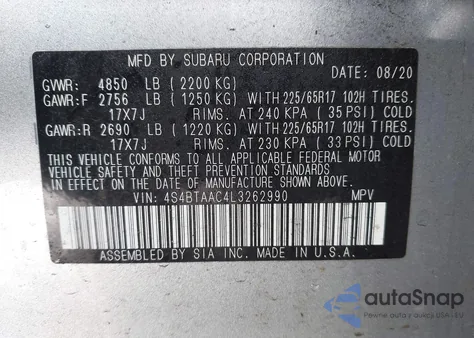 2020 Subaru Outback z USA, uszkodzony, nr VIN 4S4BTAAC4L3262990